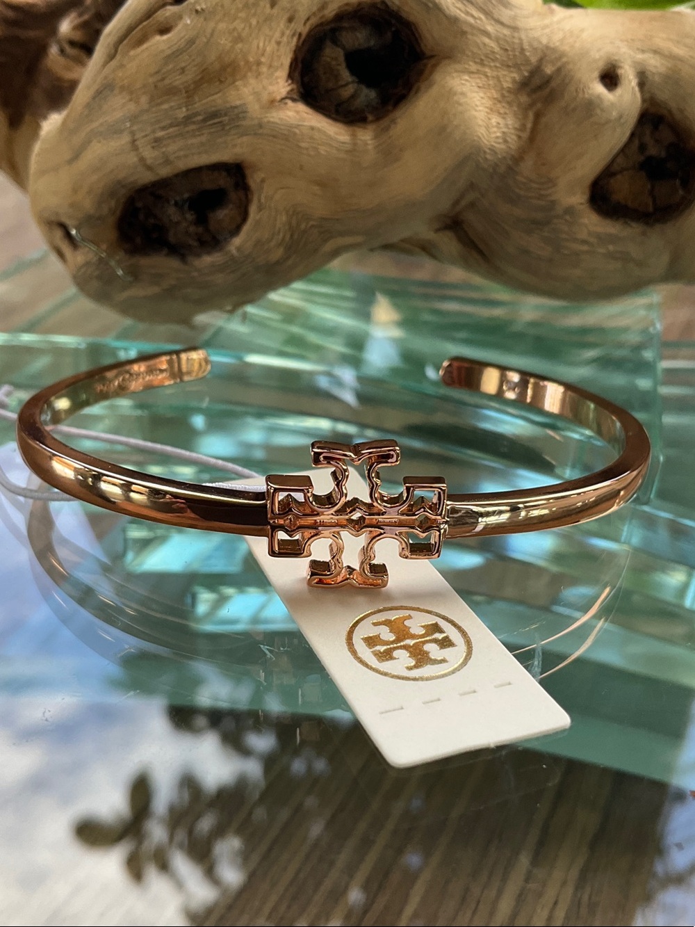 Tory Burch Rose Gold Double-T Logo Bangle Bracelet